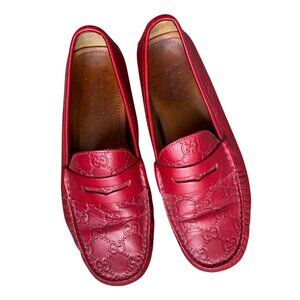Gucci Red Leather GG Monogram Loafers, Style 431063, Men’s UK 6.5 / US 7